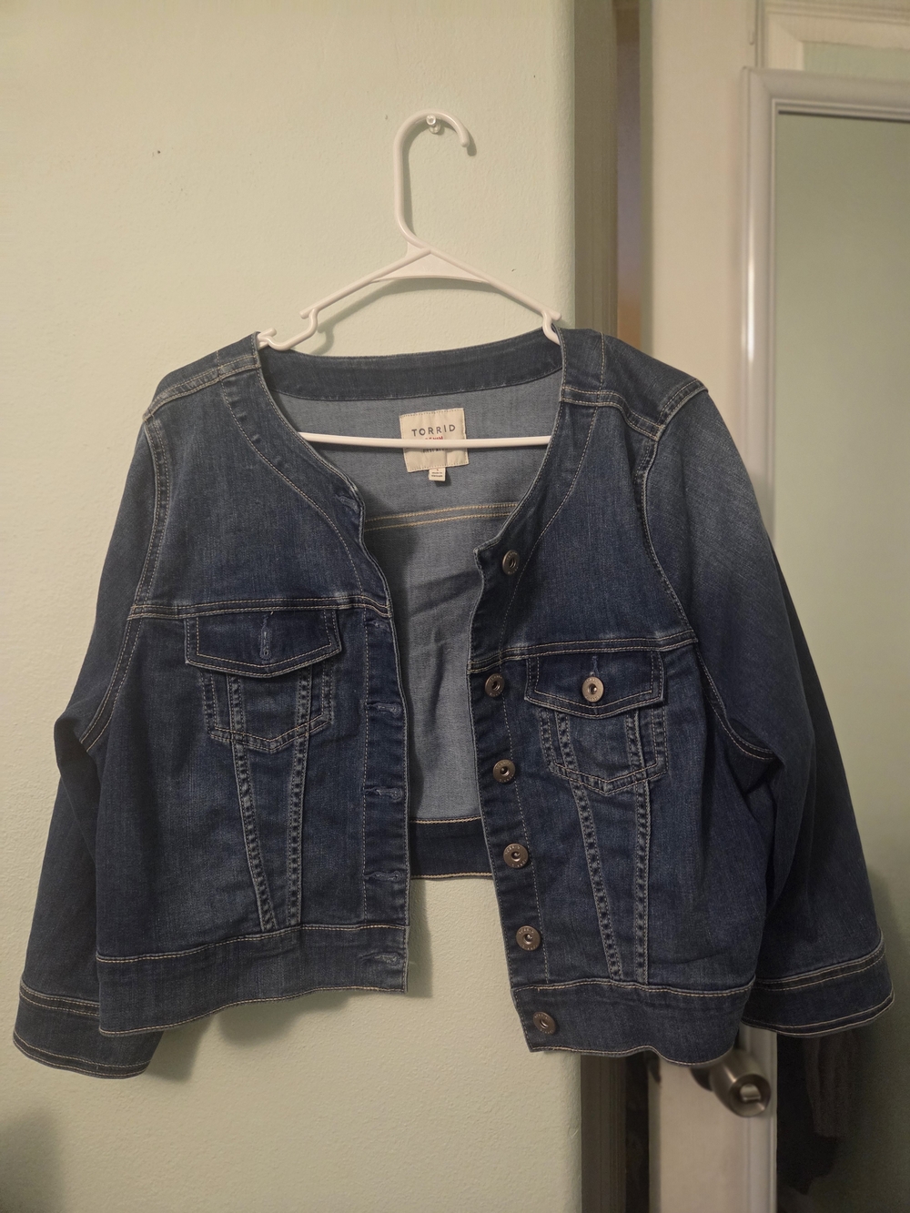 torrid Dark Blue Denim Cropped Jacket with Button Front